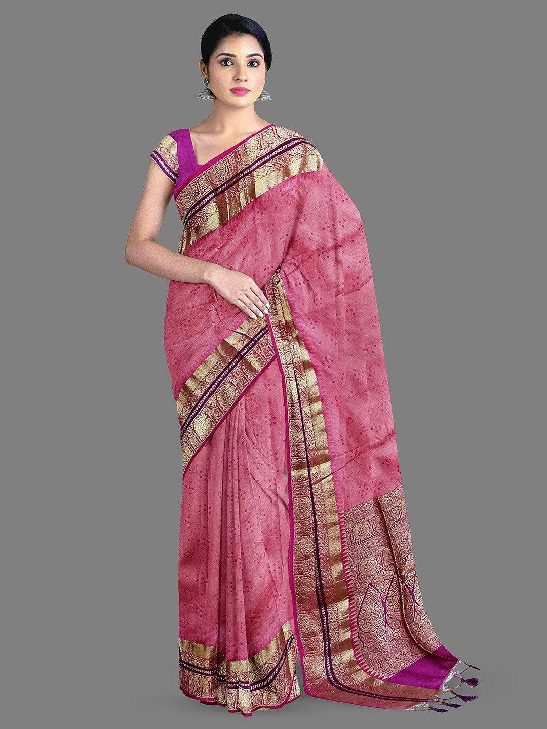 

The Chennai Silks Bandhani Zari Cotton Chanderi Saree, Pink