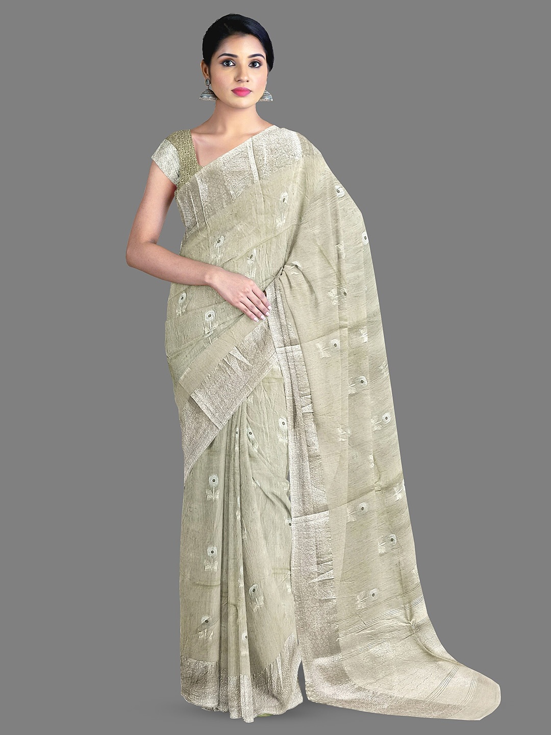 

The Chennai Silks Floral Woven Design Zari Chanderi Saree, Beige