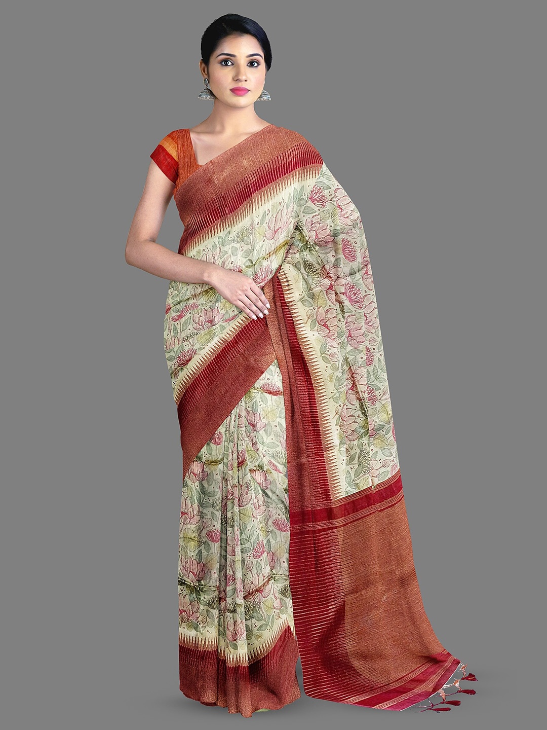 

The Chennai Silks Floral Zari Cotton Chanderi Saree, Beige