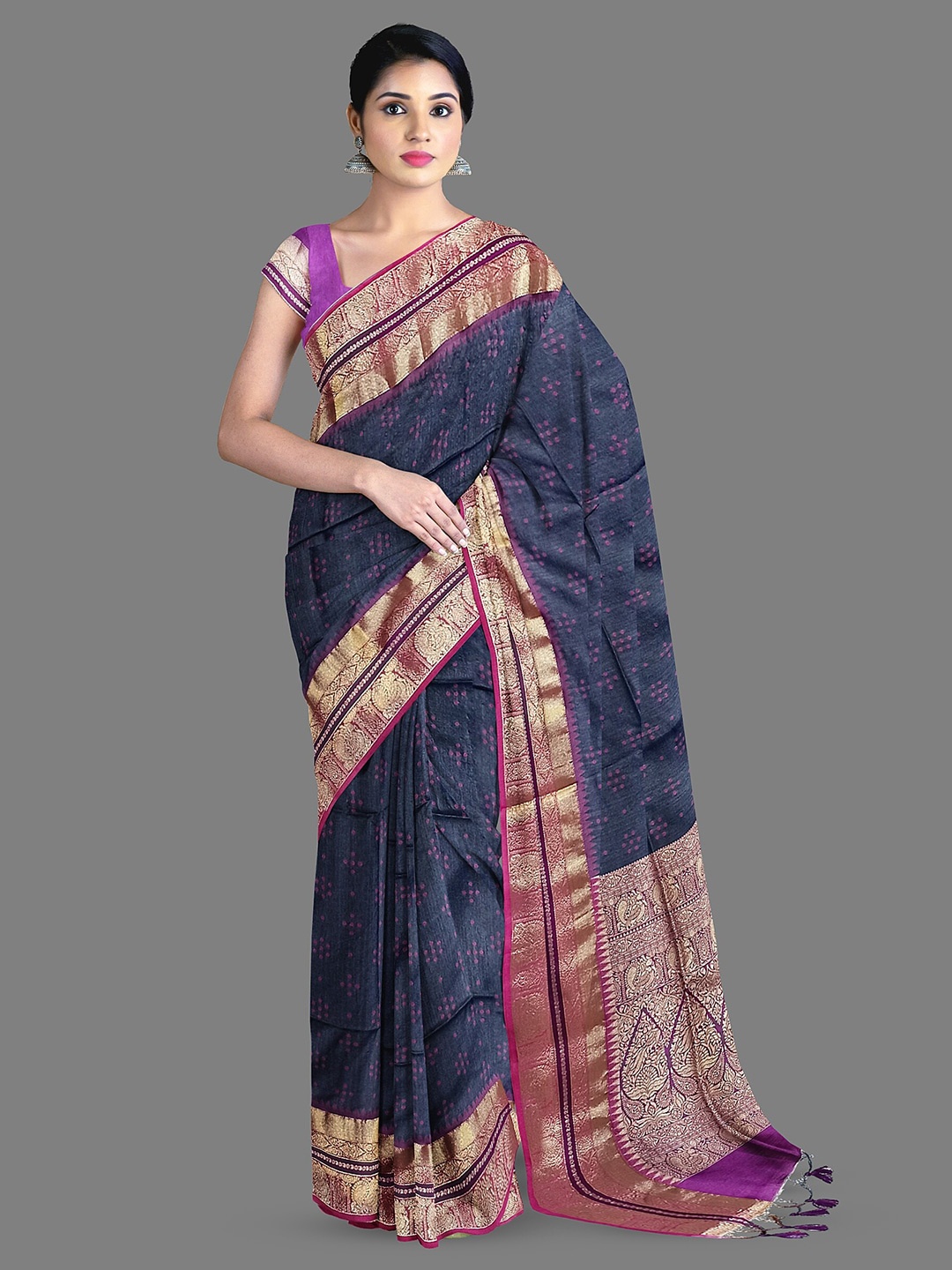 

The Chennai Silks Bandhani Zari Cotton Chanderi Saree, Grey