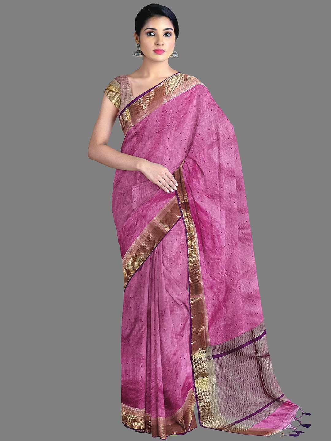 

The Chennai Silks Geometric Printed Zari Chanderi Saree, Pink