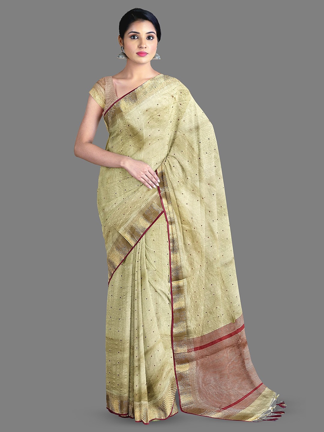 

The Chennai Silks Bandhani Printed Zari Chanderi Saree, Beige