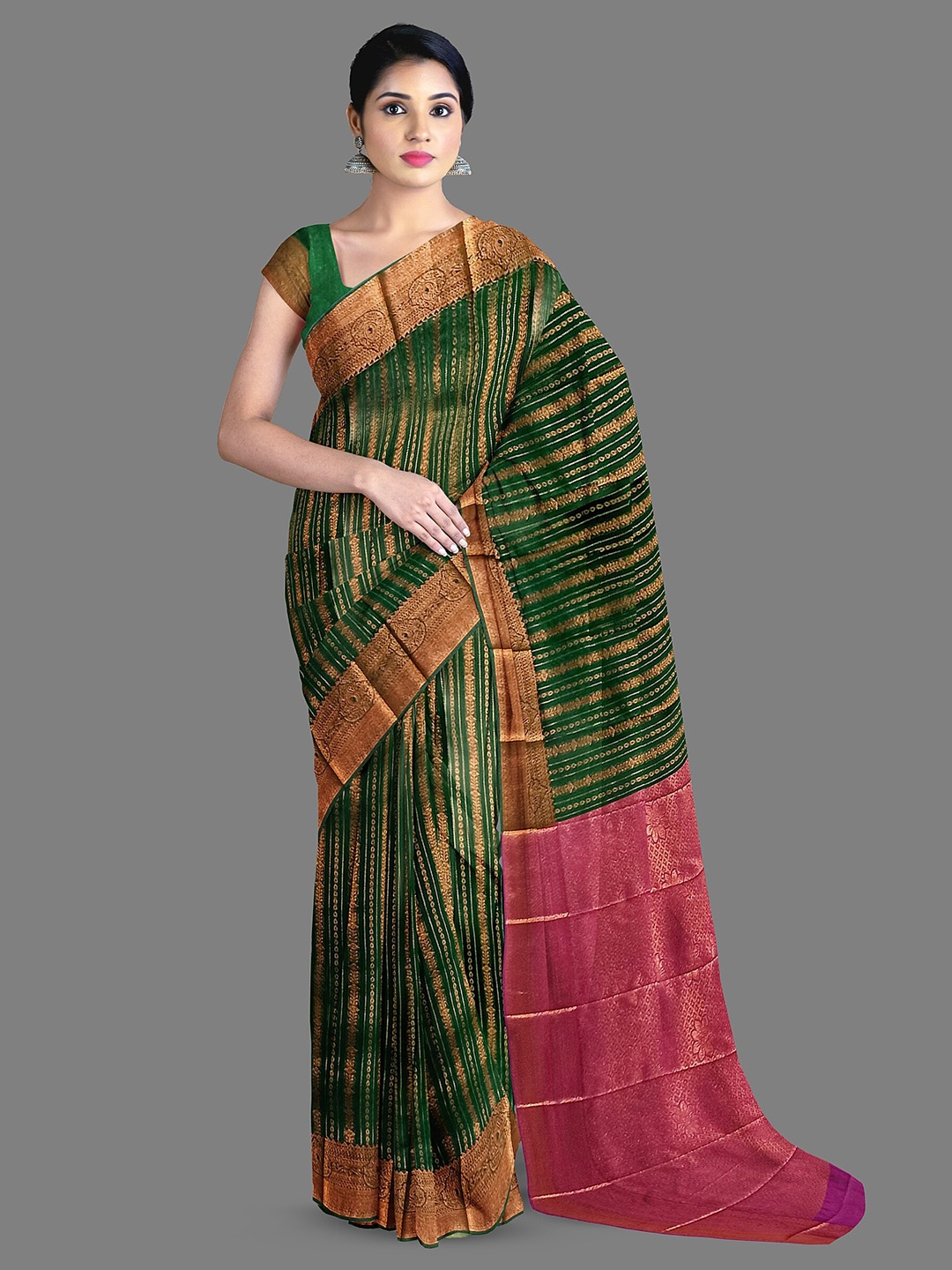 

The Chennai Silks Ethnic Motifs Woven Design Zari Silk Cotton Maheshwari Saree, Green