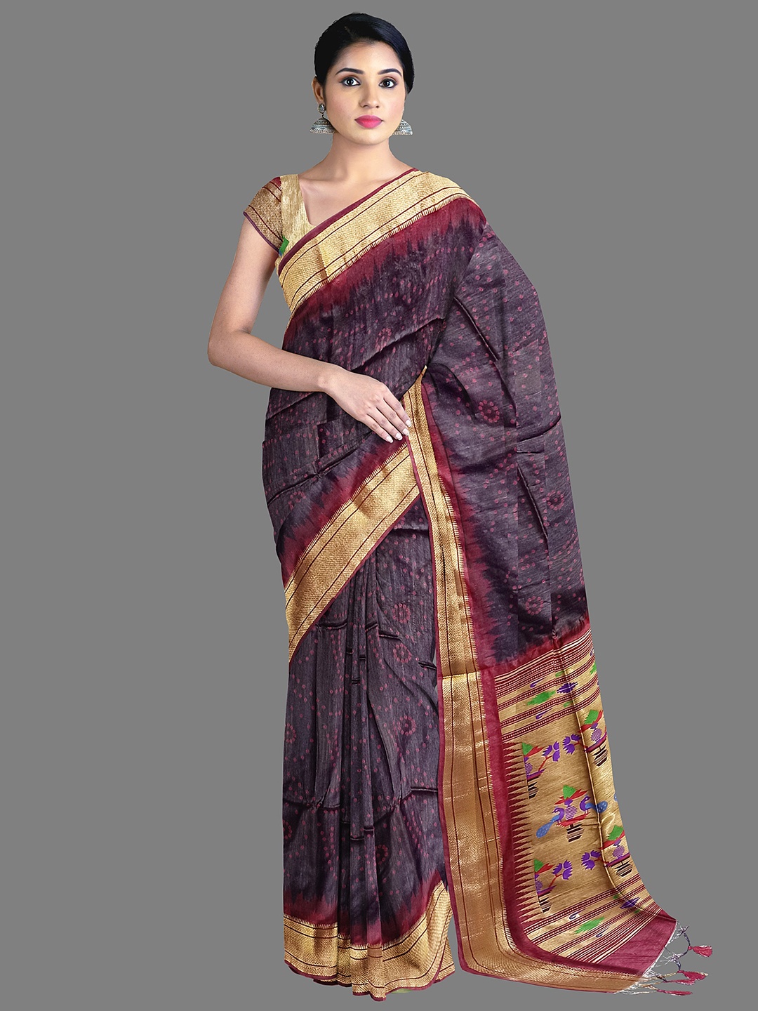 

The Chennai Silks Bandhani Printed Zari Chanderi Saree, Brown