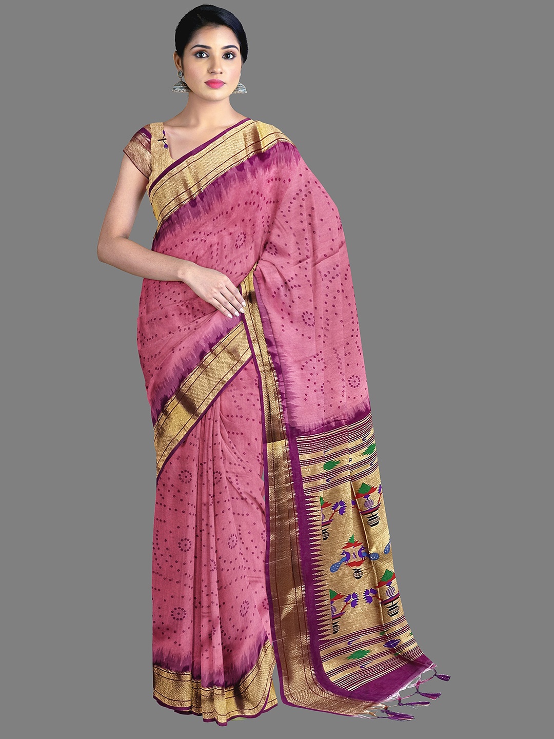

The Chennai Silks Bandhani Zari Cotton Chanderi Saree, Pink