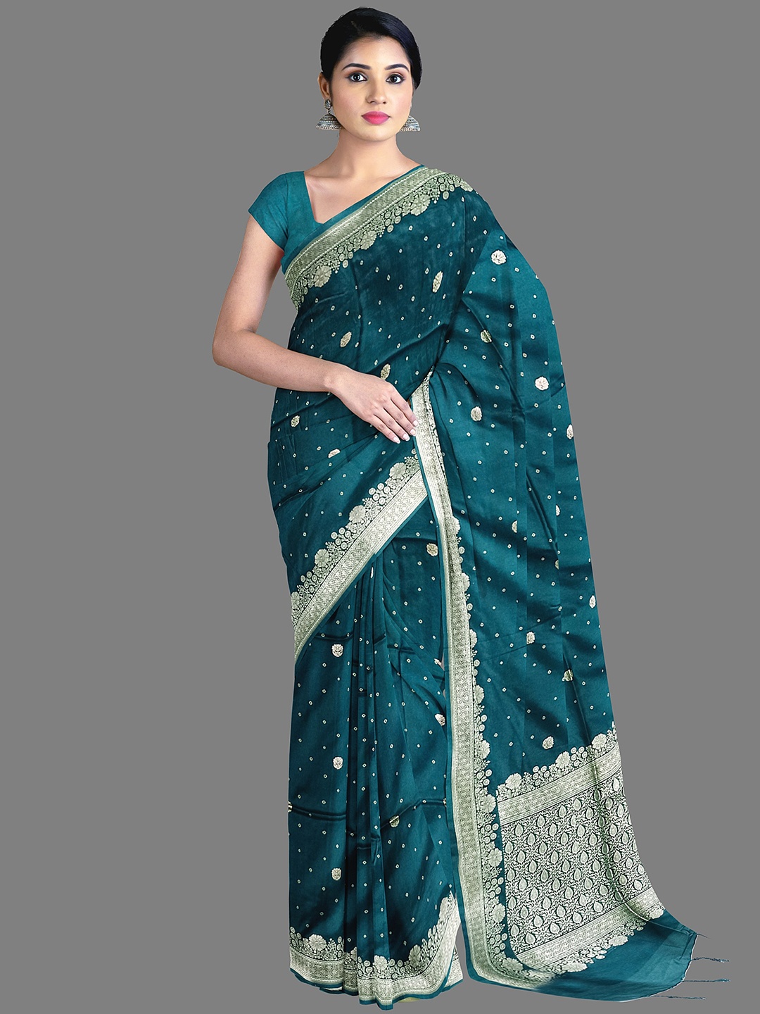 

The Chennai Silks Floral Woven Design Zari Art Silk Banarasi Saree, Turquoise blue