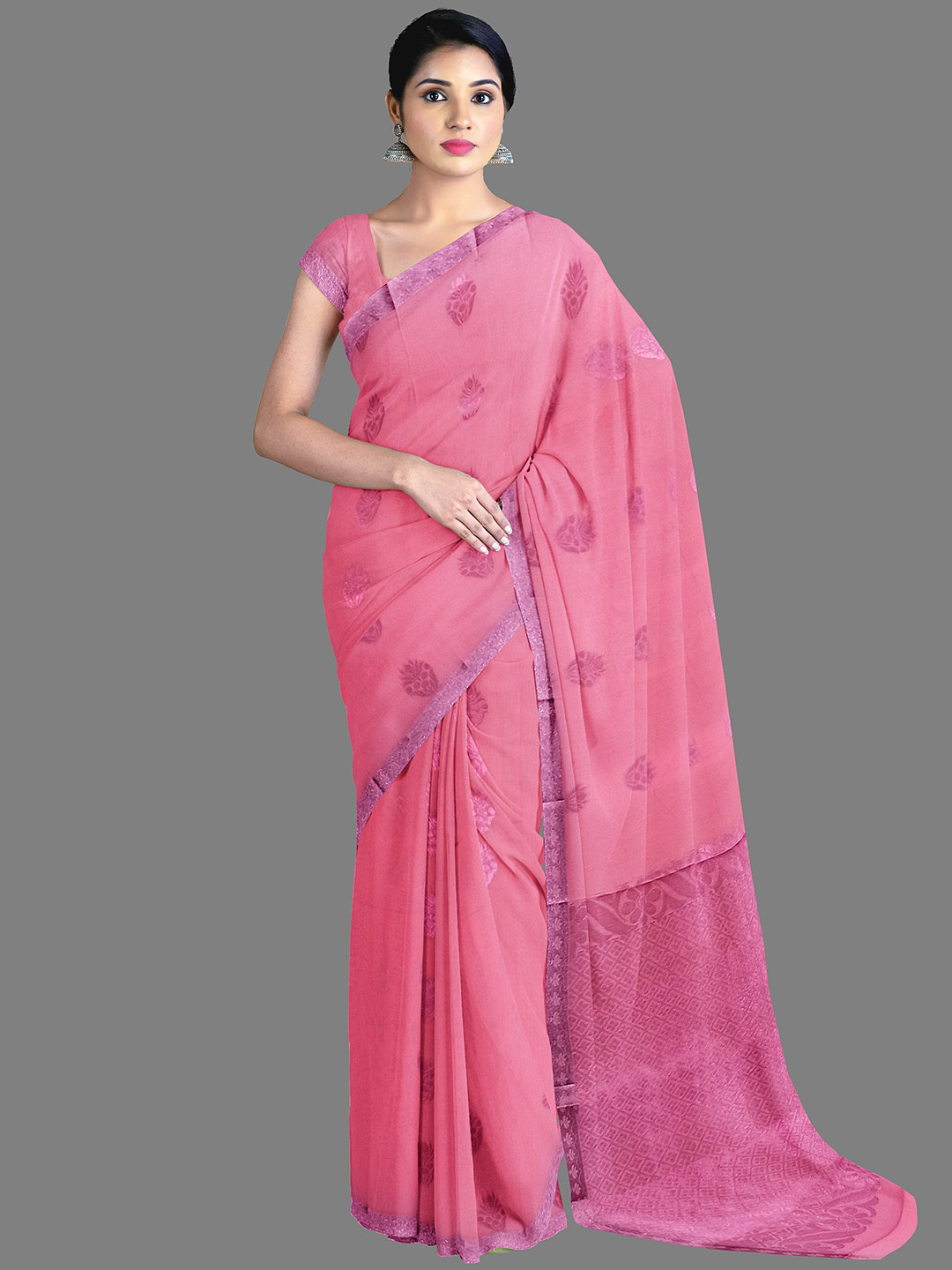 

The Chennai Silks Woven Design Zari Silk Cotton Maheshwari Saree, Pink