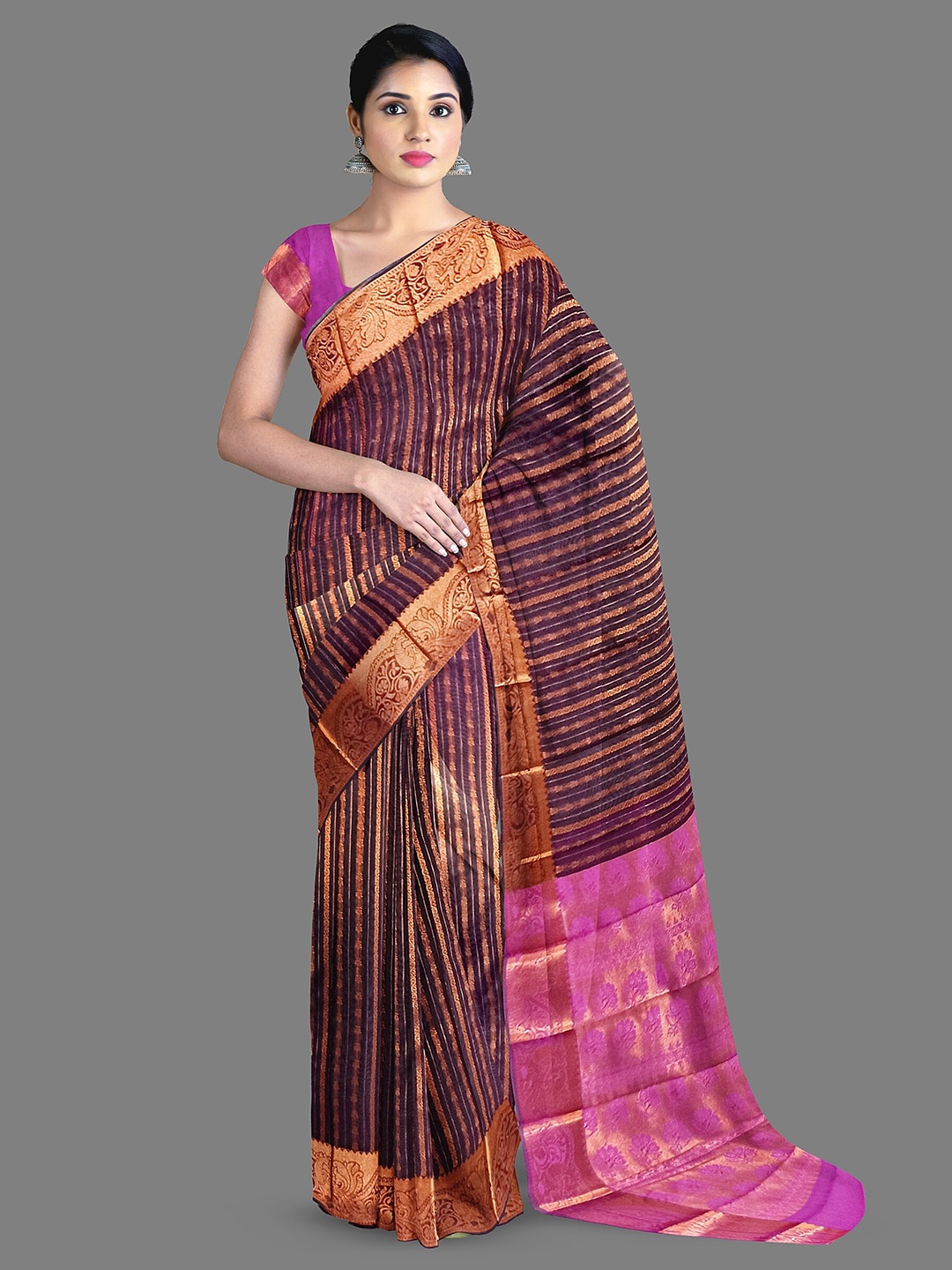 

The Chennai Silks Woven Design Zari Silk Cotton Maheshwari Saree, Brown