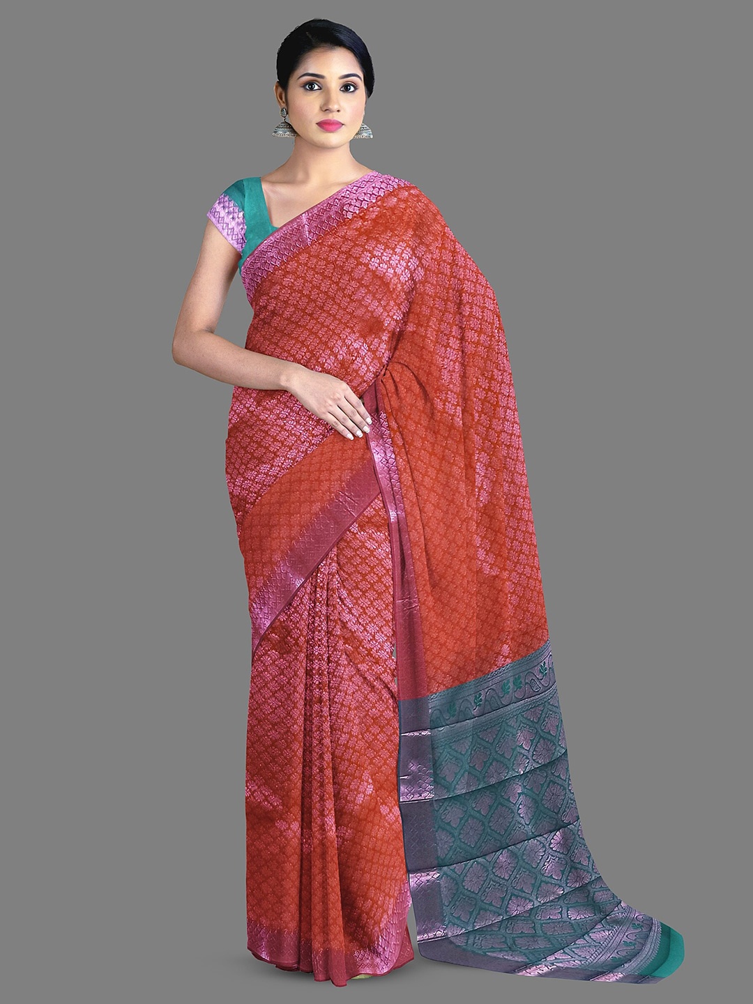 

The Chennai Silks Woven Design Zari Silk Cotton Maheshwari Saree, Coral