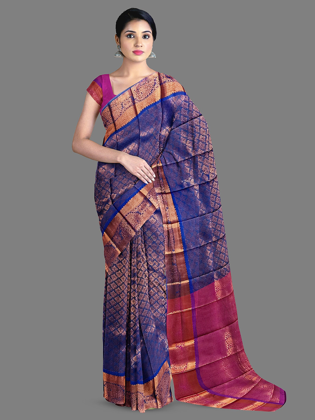 

The Chennai Silks Woven Design Zari Silk Cotton Maheshwari Saree, Navy blue