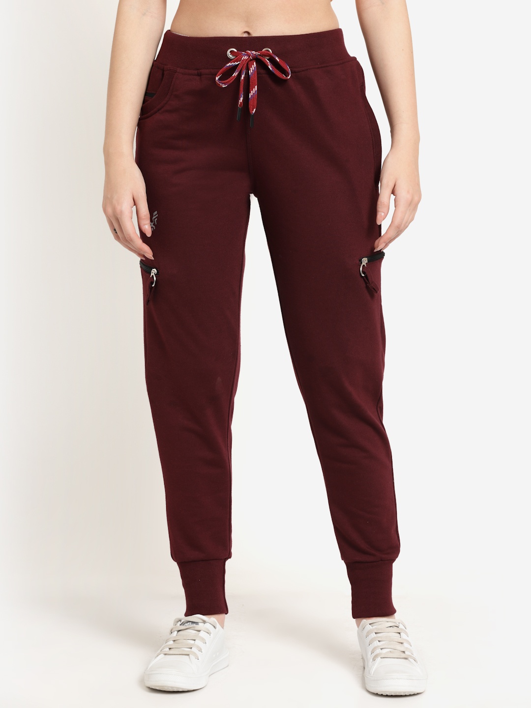 

UZARUS Women Mid-Rise Cotton Side Zipper Pockets Joggers, Burgundy