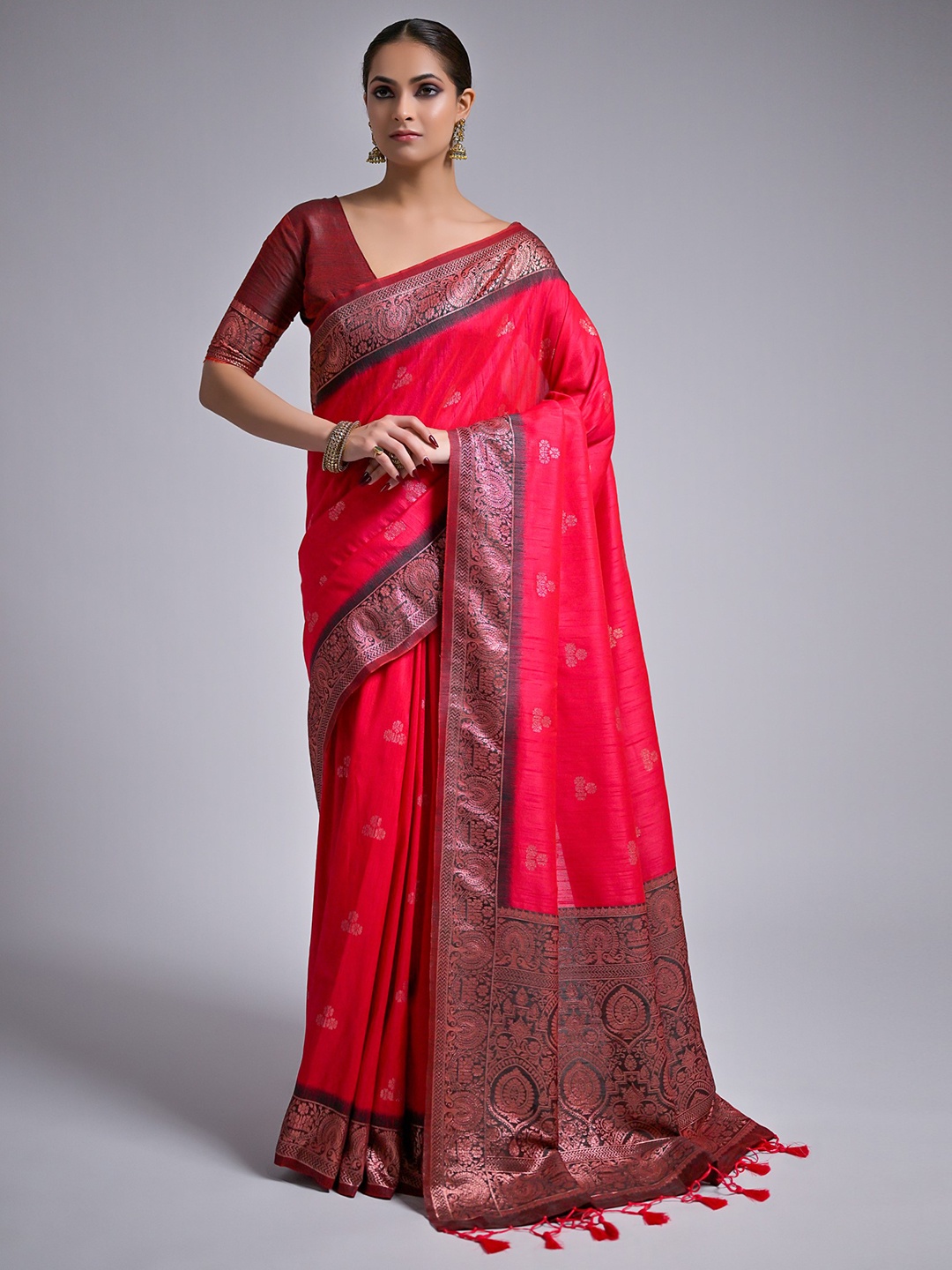 

VISHNU WEAVES Ethnic Motifs Woven Design Zari Pure Silk Banarasi Saree, Pink