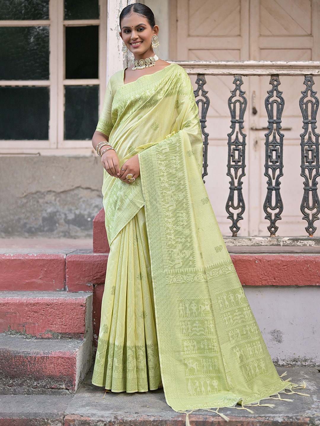 

VISHNU WEAVES Warli Woven Design Bhagalpuri Saree, Green