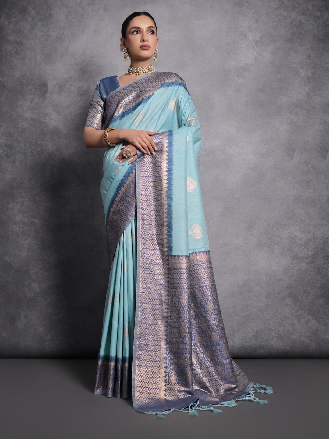 

VISHNU WEAVES Woven Design Ethnic Motifs Zari Pure Silk Tussar Saree, Teal