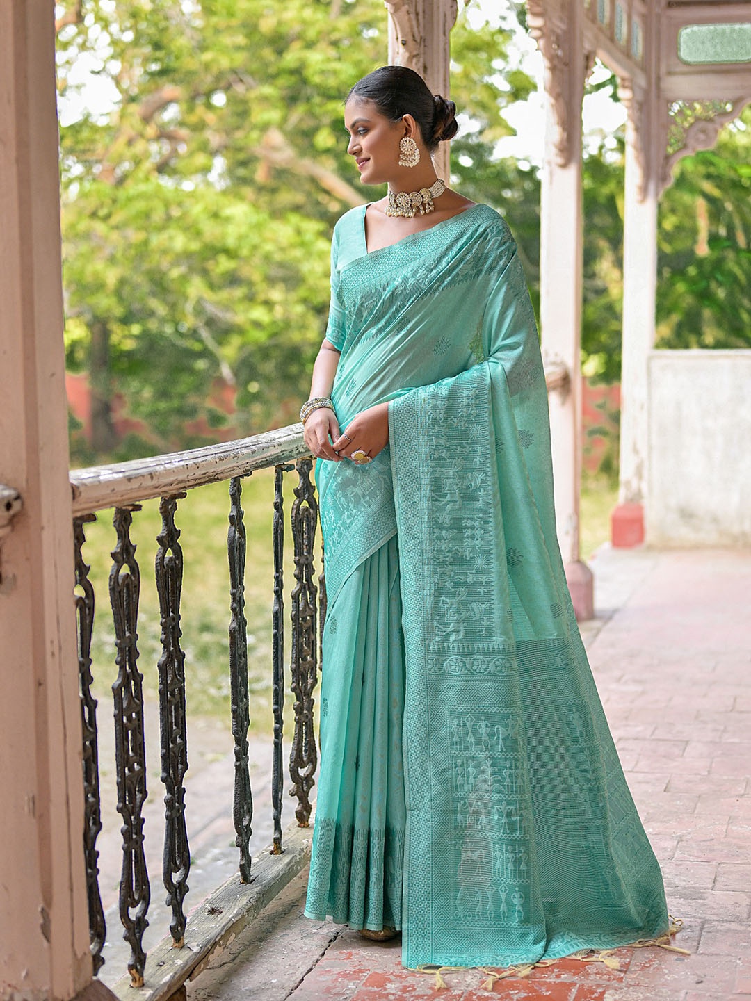 

VISHNU WEAVES Ethnic Motifs Woven Design Bhagalpuri Saree, Sea green