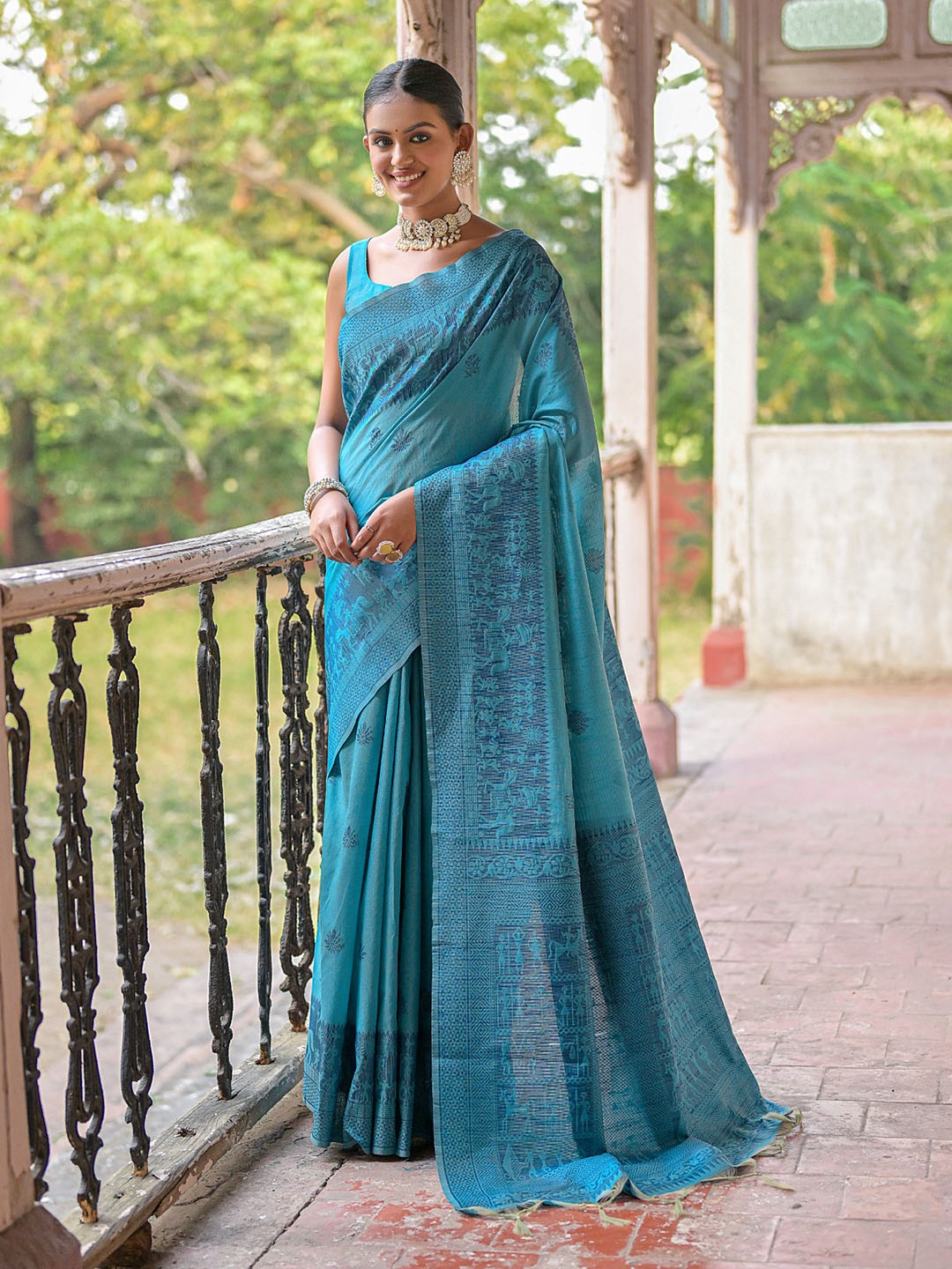 

VISHNU WEAVES Warli Woven Design Bhagalpuri Saree, Teal
