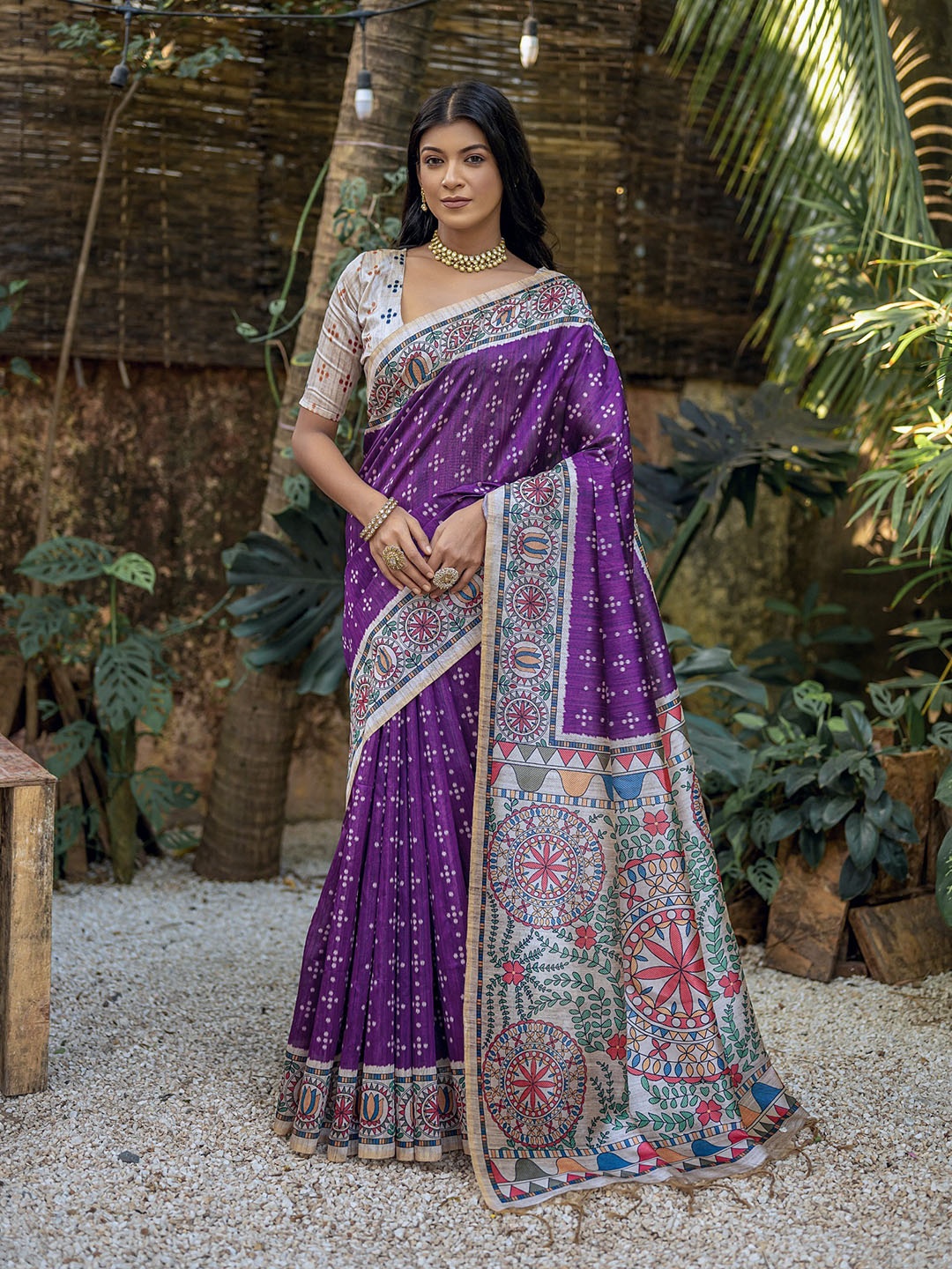 

VISHNU WEAVES Ethnic Motifs Silk Cotton Tussar Saree, Purple