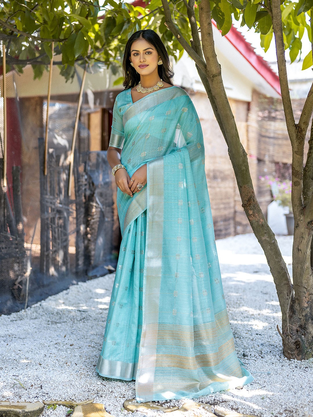 

VISHNU WEAVES Woven Design Ethnic Motifs Zari Pure Cotton Taant Saree, Sea green