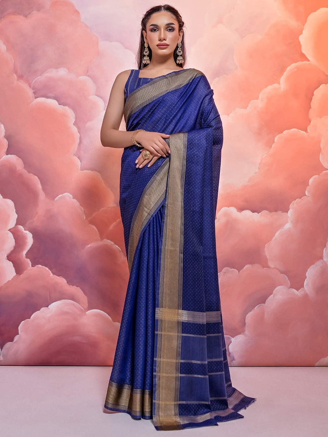 

VISHNU WEAVES Striped Woven Design Zari Pure Cotton Saree, Blue