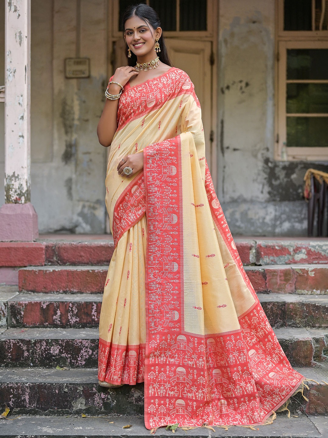 

VISHNU WEAVES Woven Design Warli Printed Bhagalpuri Saree With Tassels, Cream