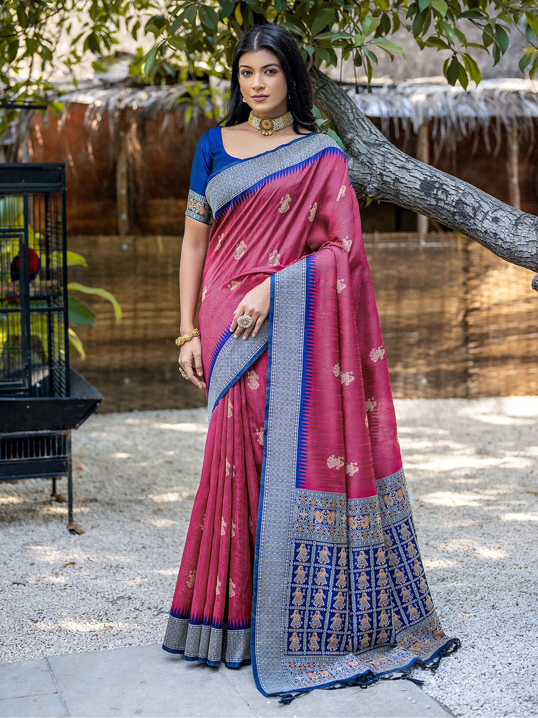 

VISHNU WEAVES Woven Design Ethnic Motifs Zari Pure Silk Tussar Saree With Tassels, Pink