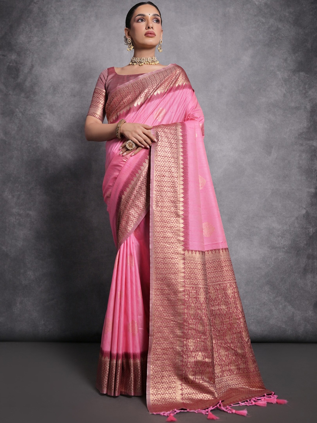 

VISHNU WEAVES Ethnic Motifs Woven Design Zari Pure Silk Tussar Saree, Pink
