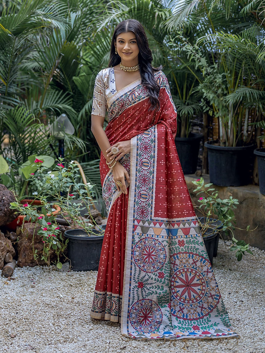 

VISHNU WEAVES Zari Silk Cotton Tussar Saree, Red