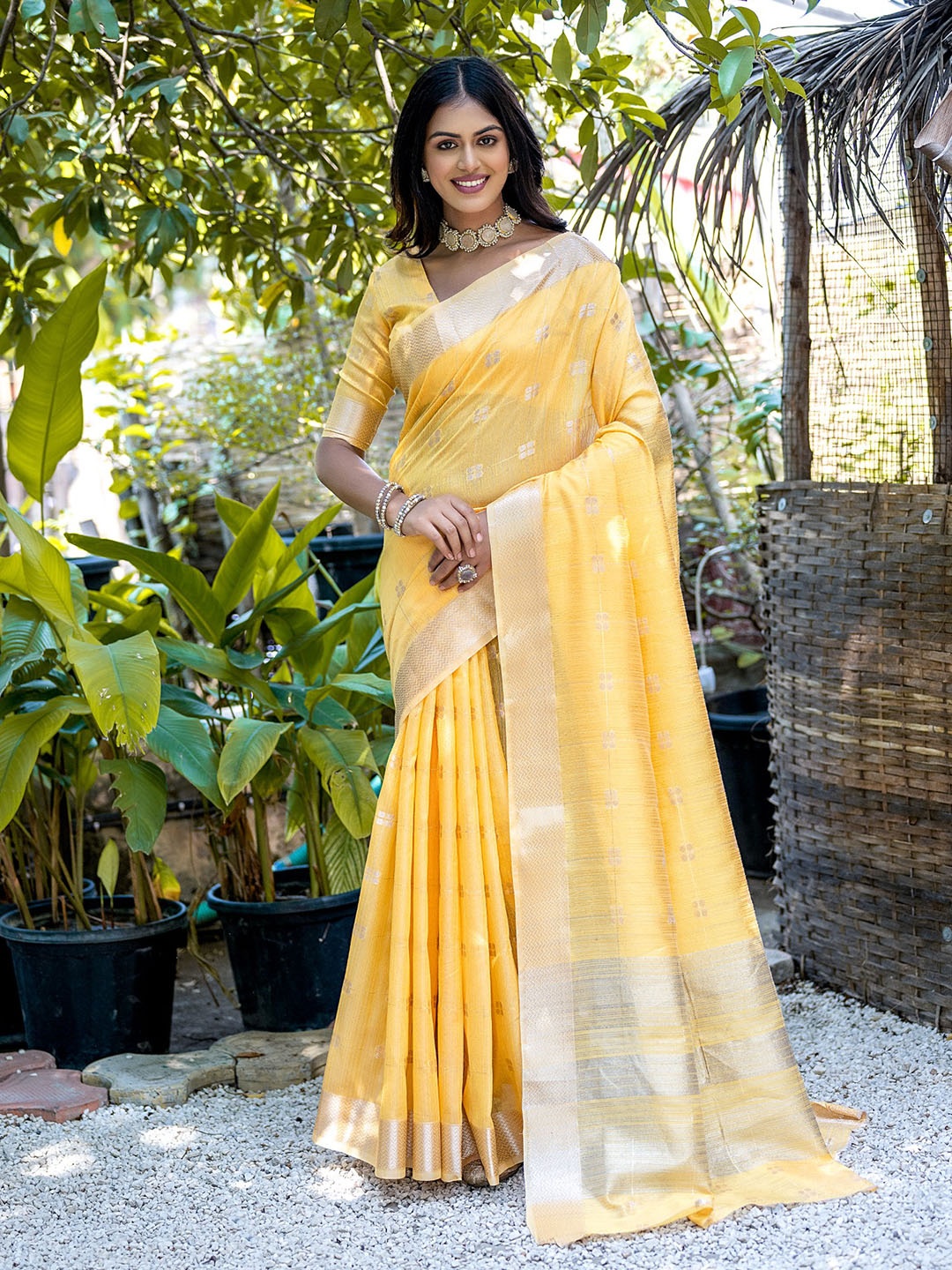 

VISHNU WEAVES Woven Design Ethnic Motifs Zari Pure Cotton Taant Saree, Yellow