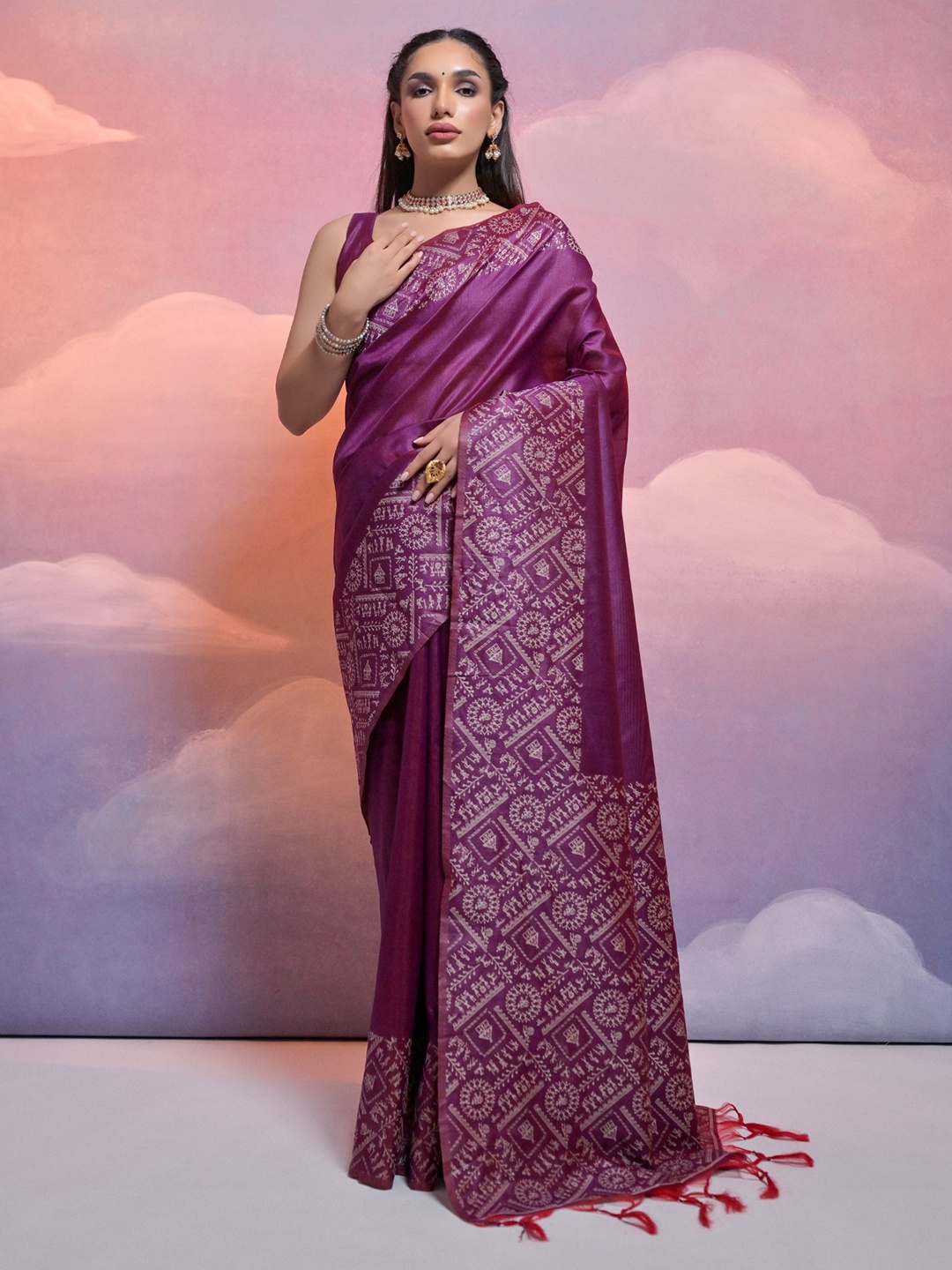 

VISHNU WEAVES Kalamkari Woven Design Bhagalpuri Saree, Magenta