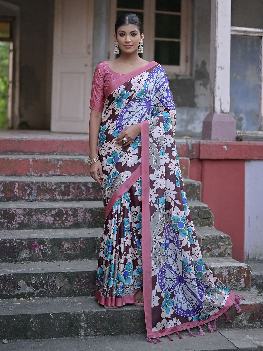 

VISHNU WEAVES Floral Printed Zari Jamdani Saree With Tassels, Brown