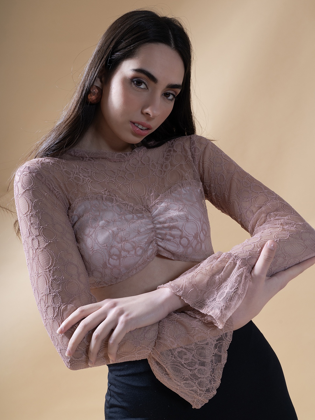 

Stylecast X Hersheinbox Pink Self Design Crop Lace Top