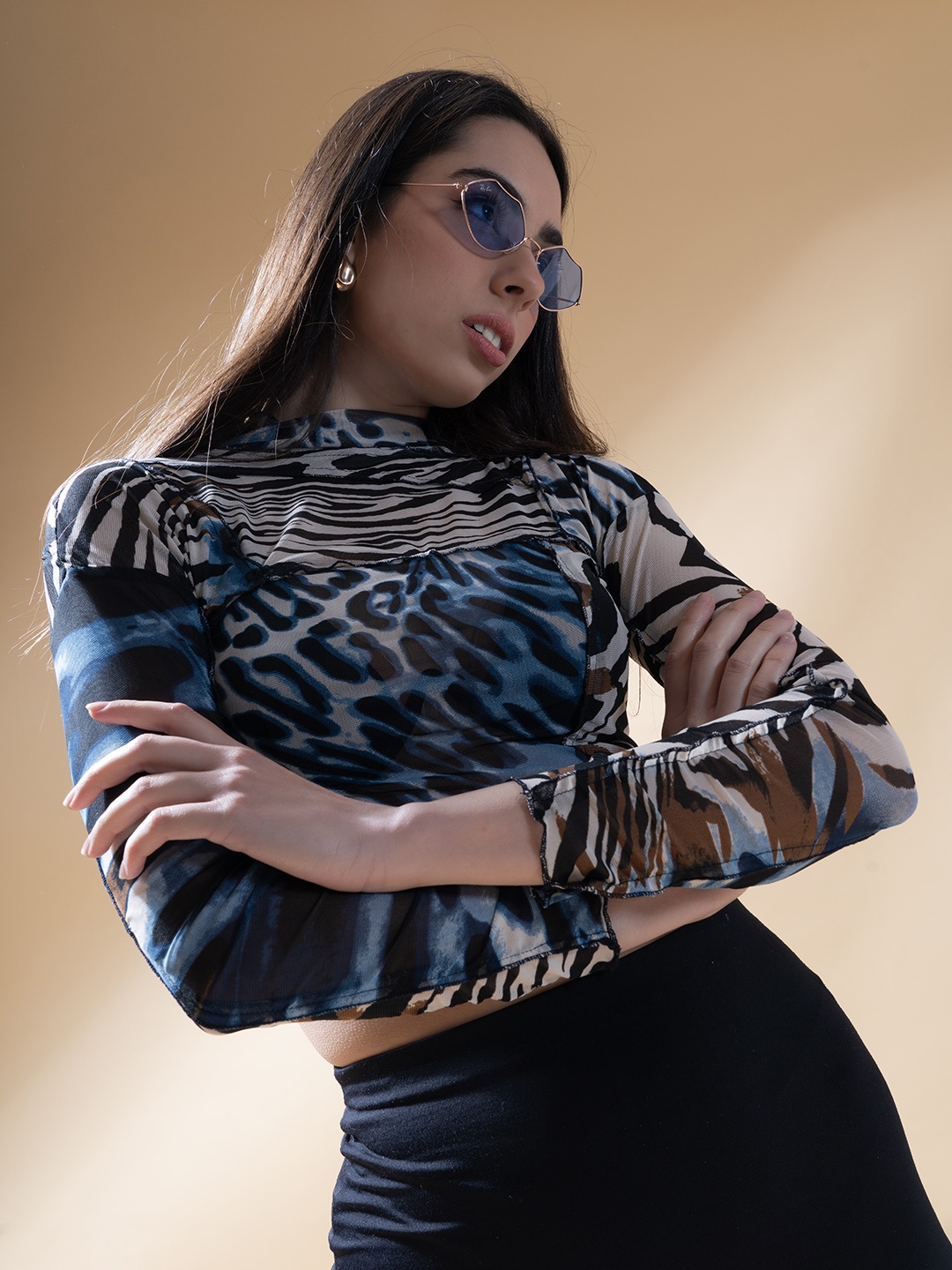 

Stylecast X Hersheinbox Black Animal Printed Long Sleeves High Neck Crop Fitted Top