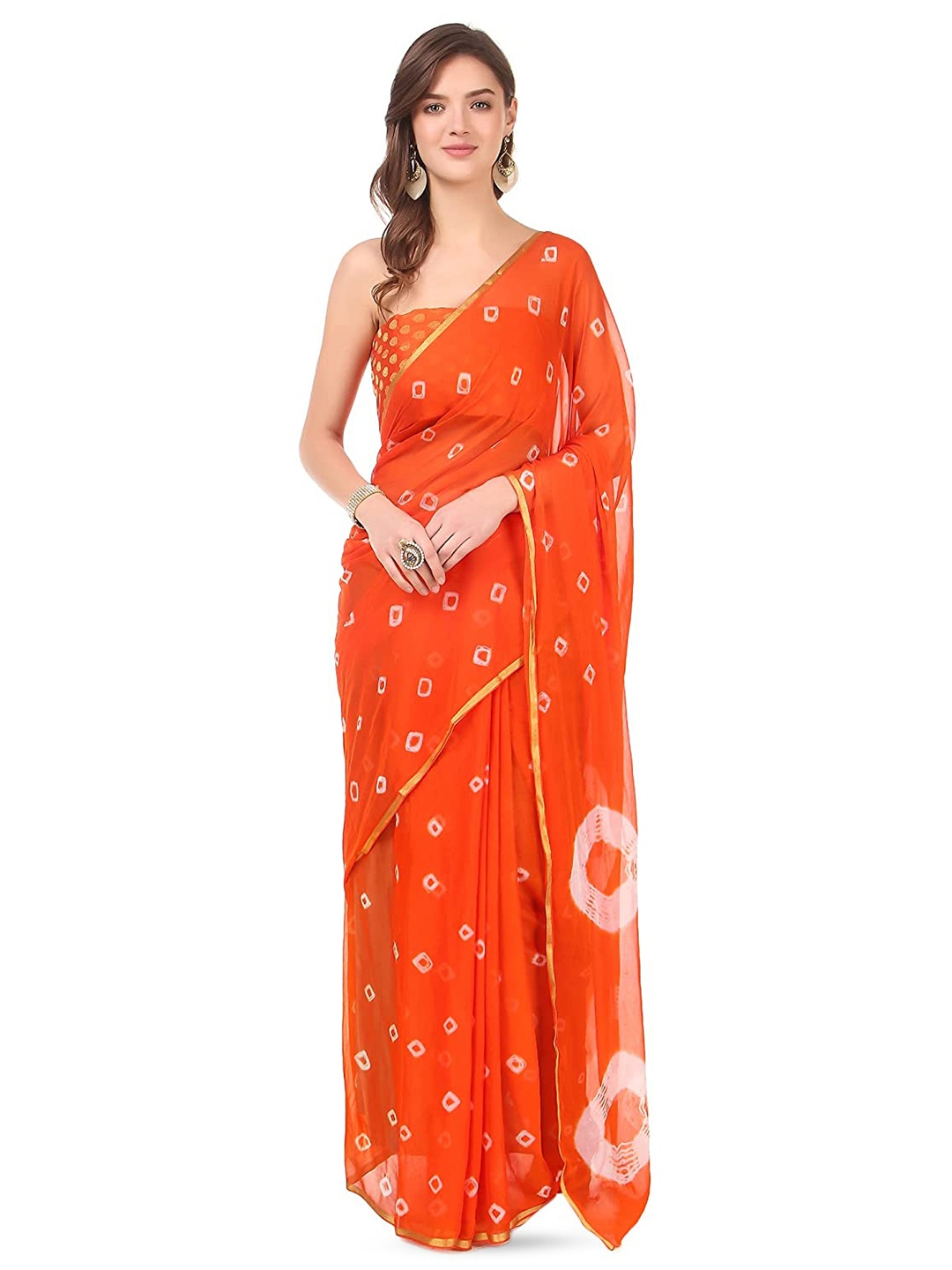 

Reboot Fashions Bandhani Zari Pure Chiffon Bandhani Saree, Orange