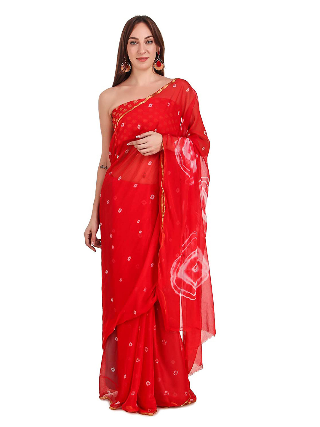 

Reboot Fashions Bandhani Zari Pure Chiffon Bandhani Saree, Red