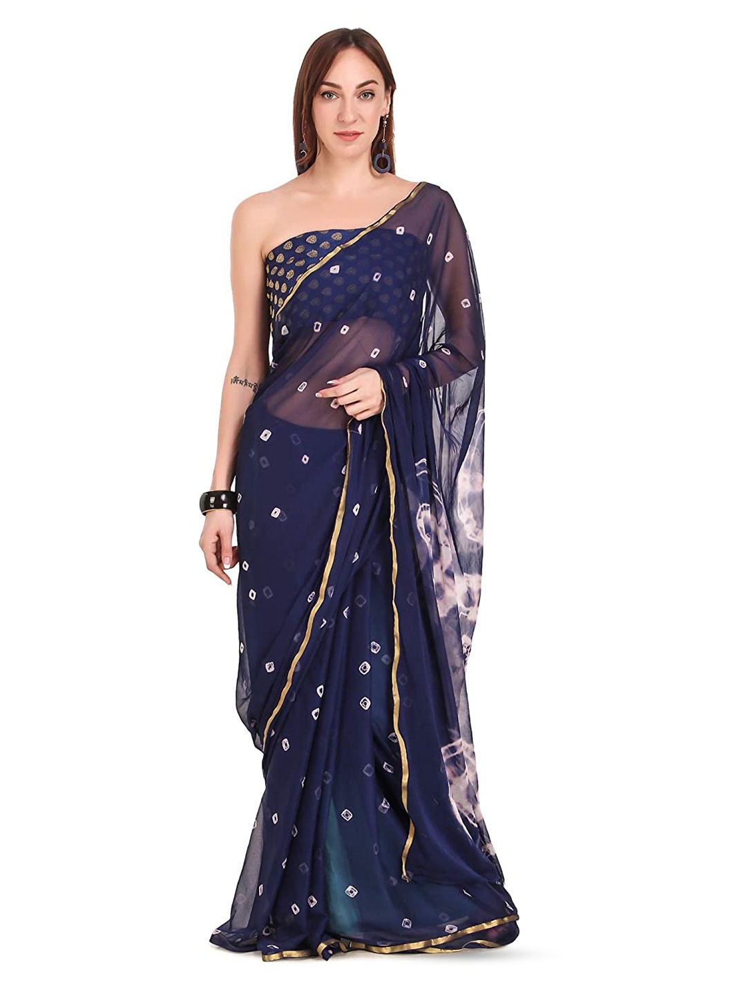 

Reboot Fashions Bandhani Zari Pure Chiffon Bandhani Saree, Navy blue