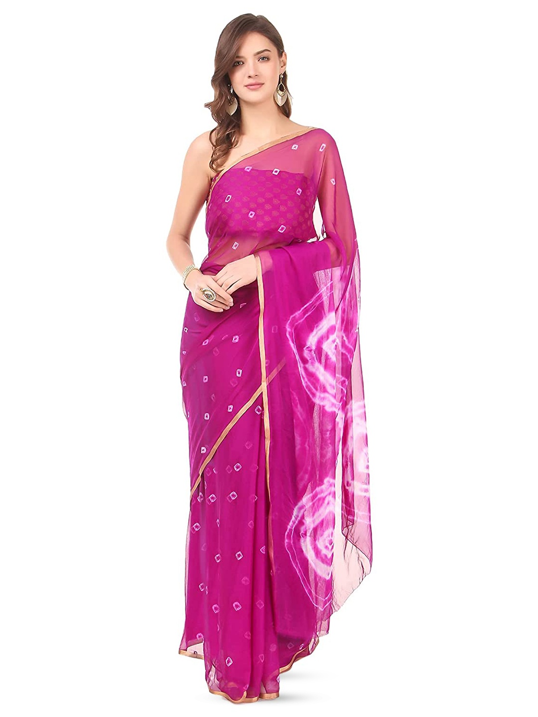 

Reboot Fashions Bandhani Zari Pure Chiffon Bandhani Saree, Magenta