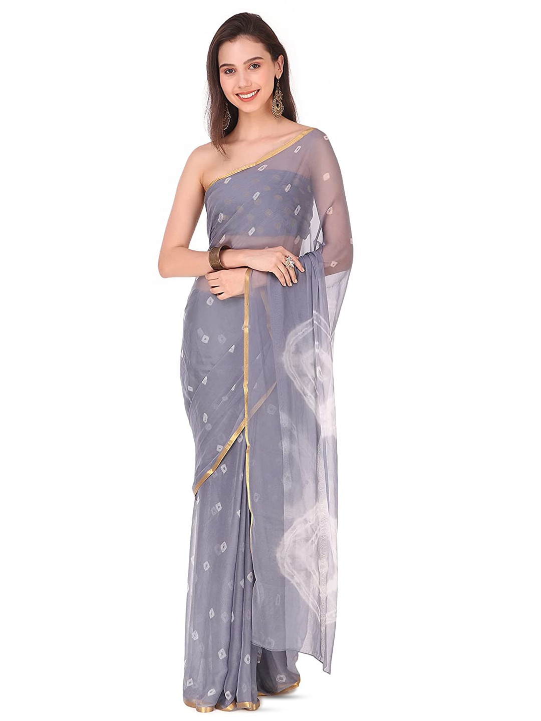 

Reboot Fashions Bandhani Zari Pure Chiffon Bandhani Saree, Grey