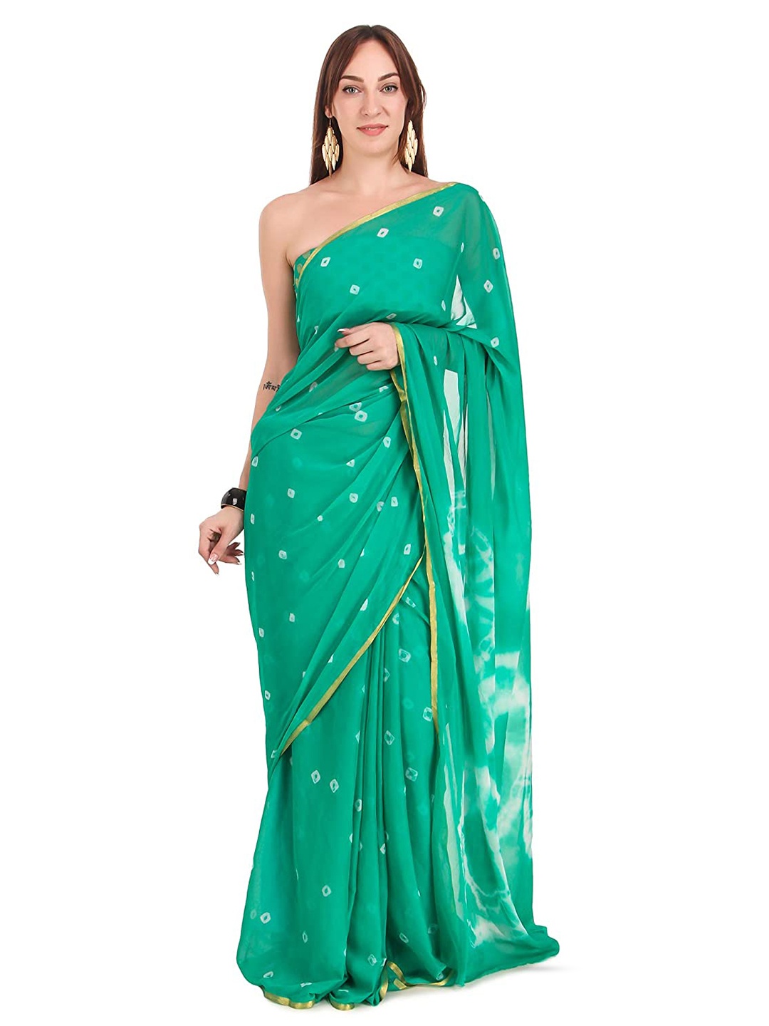 

Reboot Fashions Bandhani Zari Pure Chiffon Bandhani Saree, Green