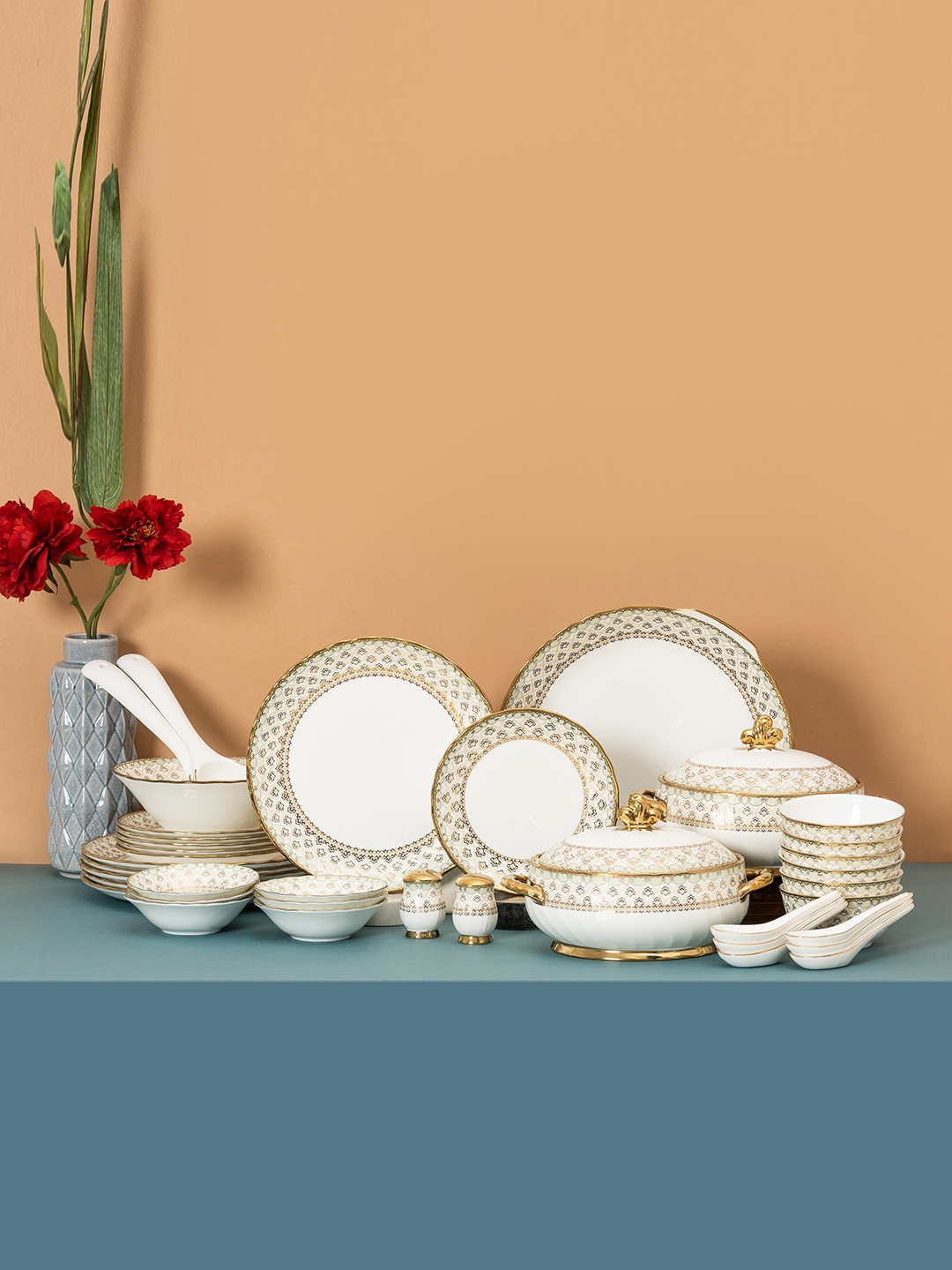 

CLAY CRAFT White & Gold Toned 40 Pieces Printed Ceramic Glossy Dinner Set
