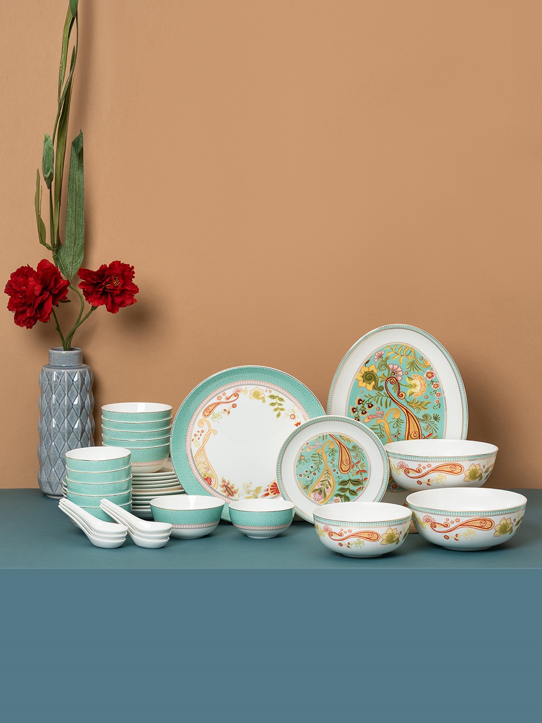 

CLAY CRAFT White & Green 34 Pieces Printed Ceramic Glossy Dinner Set