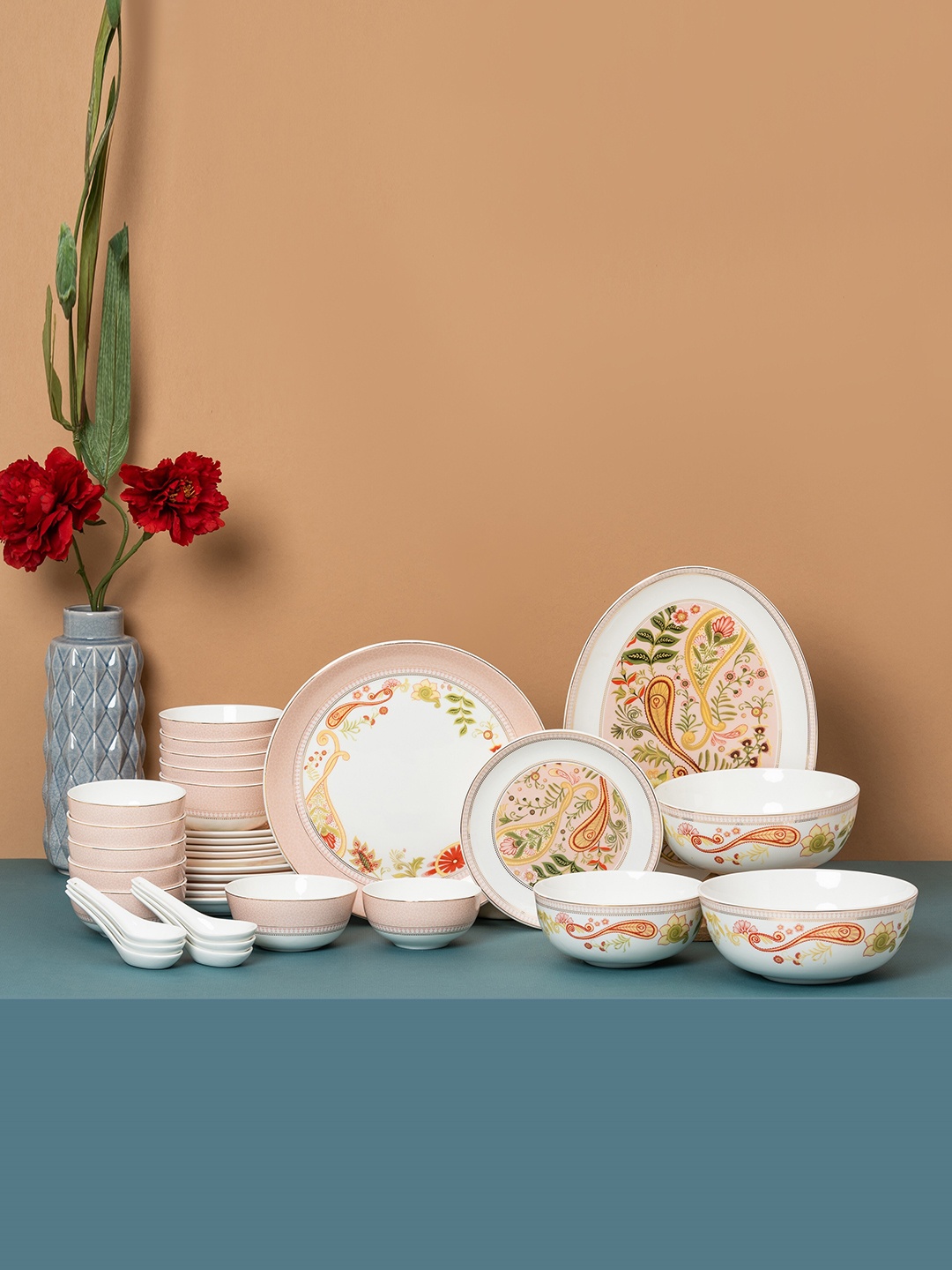 

CLAY CRAFT White & Pink 34 Pieces Printed Ceramic Glossy Dinner Set