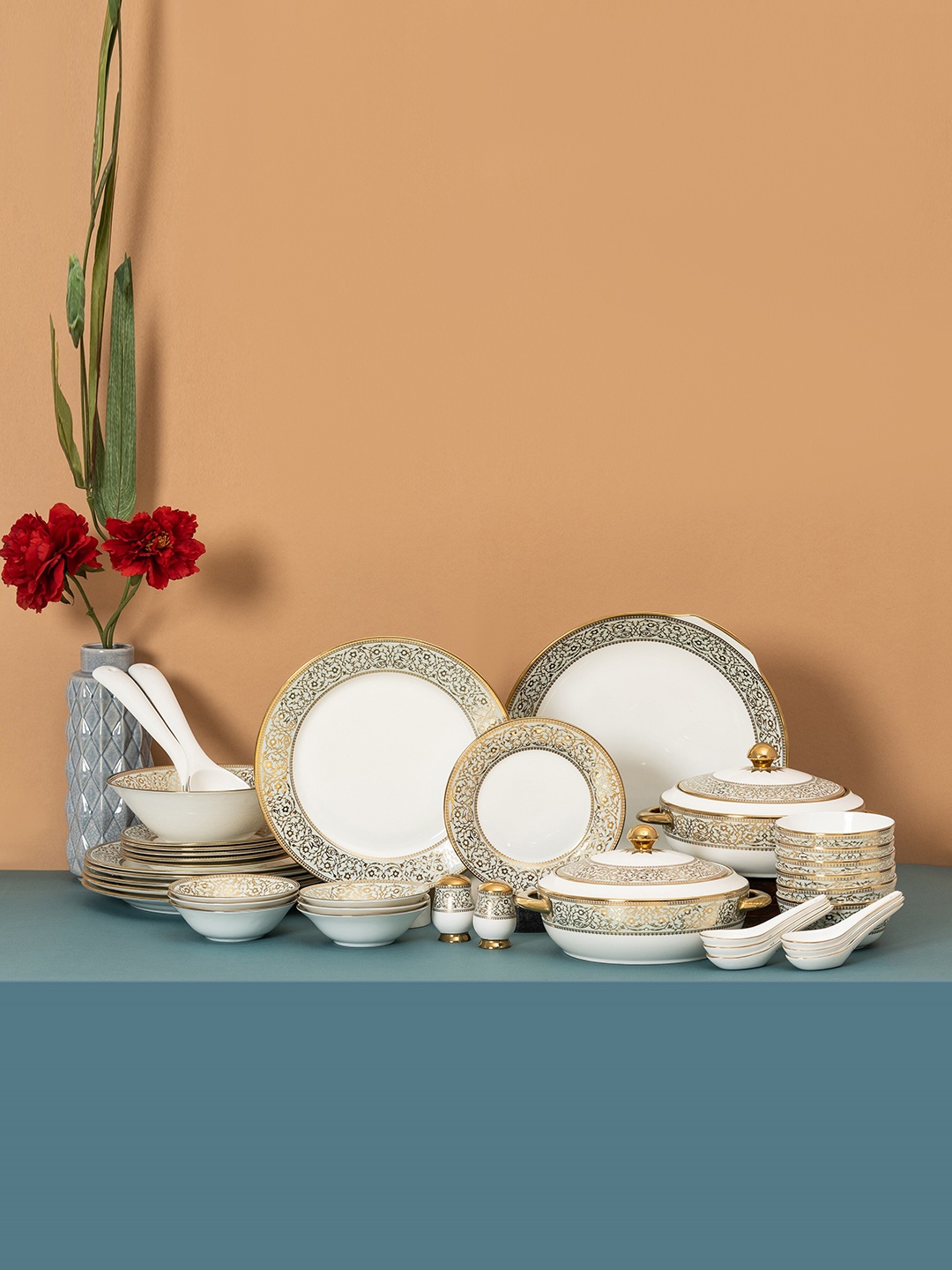 

CLAY CRAFT White & Gold-Toned 40 Pieces Printed Ceramic Glossy Dinner Set