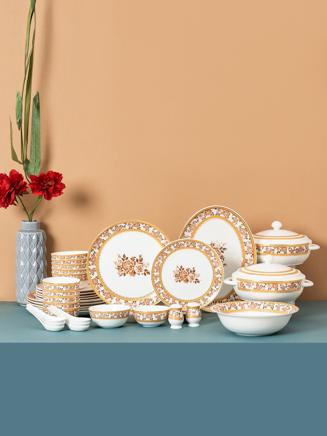 

CLAY CRAFT White & Orange 38 Pieces Printed Ceramic Glossy Dinner Set