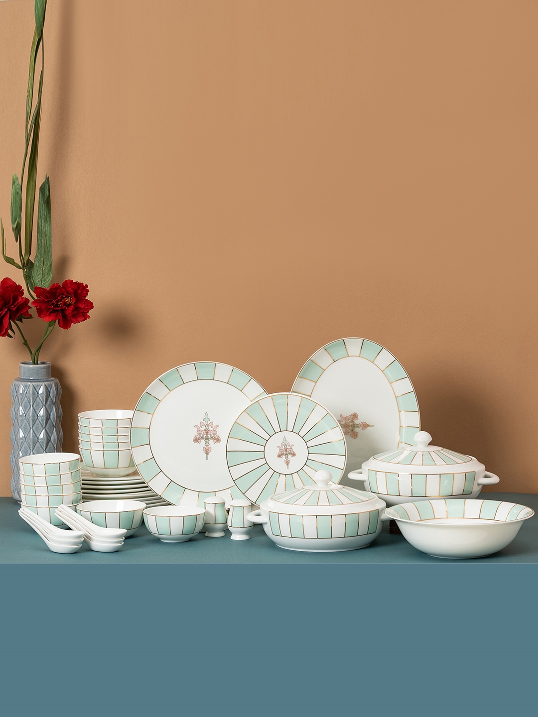 

CLAY CRAFT White 38 Pieces Handcrafted and Hand Painted Printed Ceramic Glossy Dinner Set