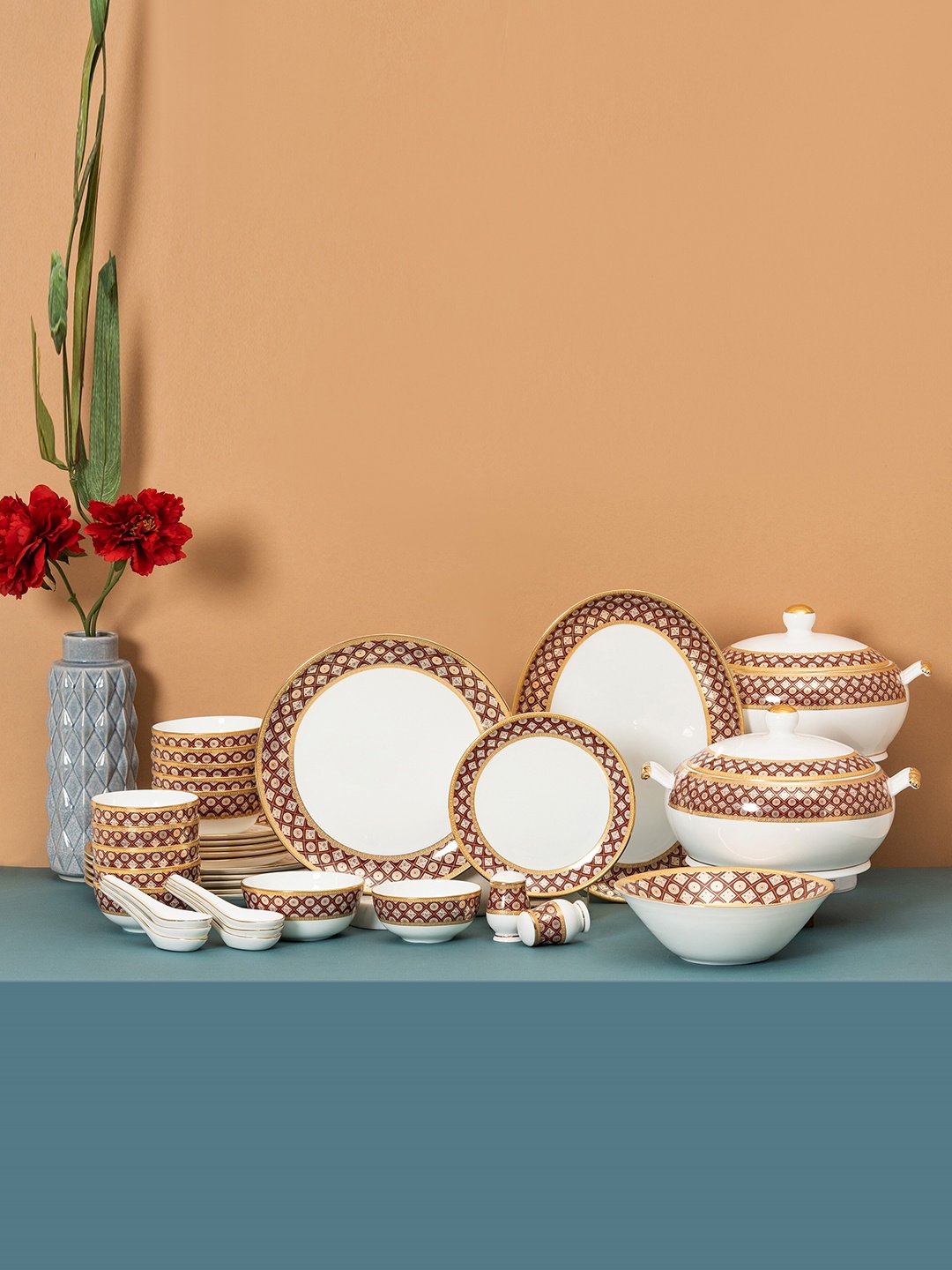 

CLAY CRAFT White 38 Pieces Handcrafted and Hand Painted Printed Ceramic Glossy Dinner Set