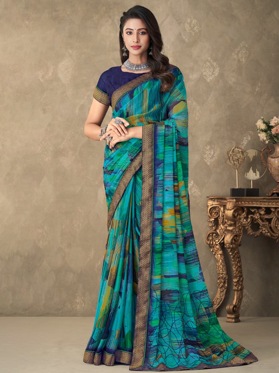 

Reboot Fashions Zari Pure Chiffon Saree, Blue
