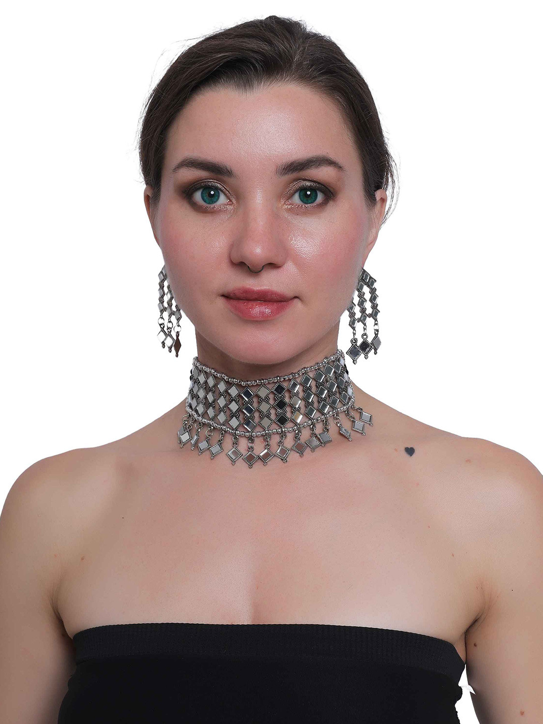 

PRASUB Silver-Plated Stones Studded Mirror Choker Jewellery Set