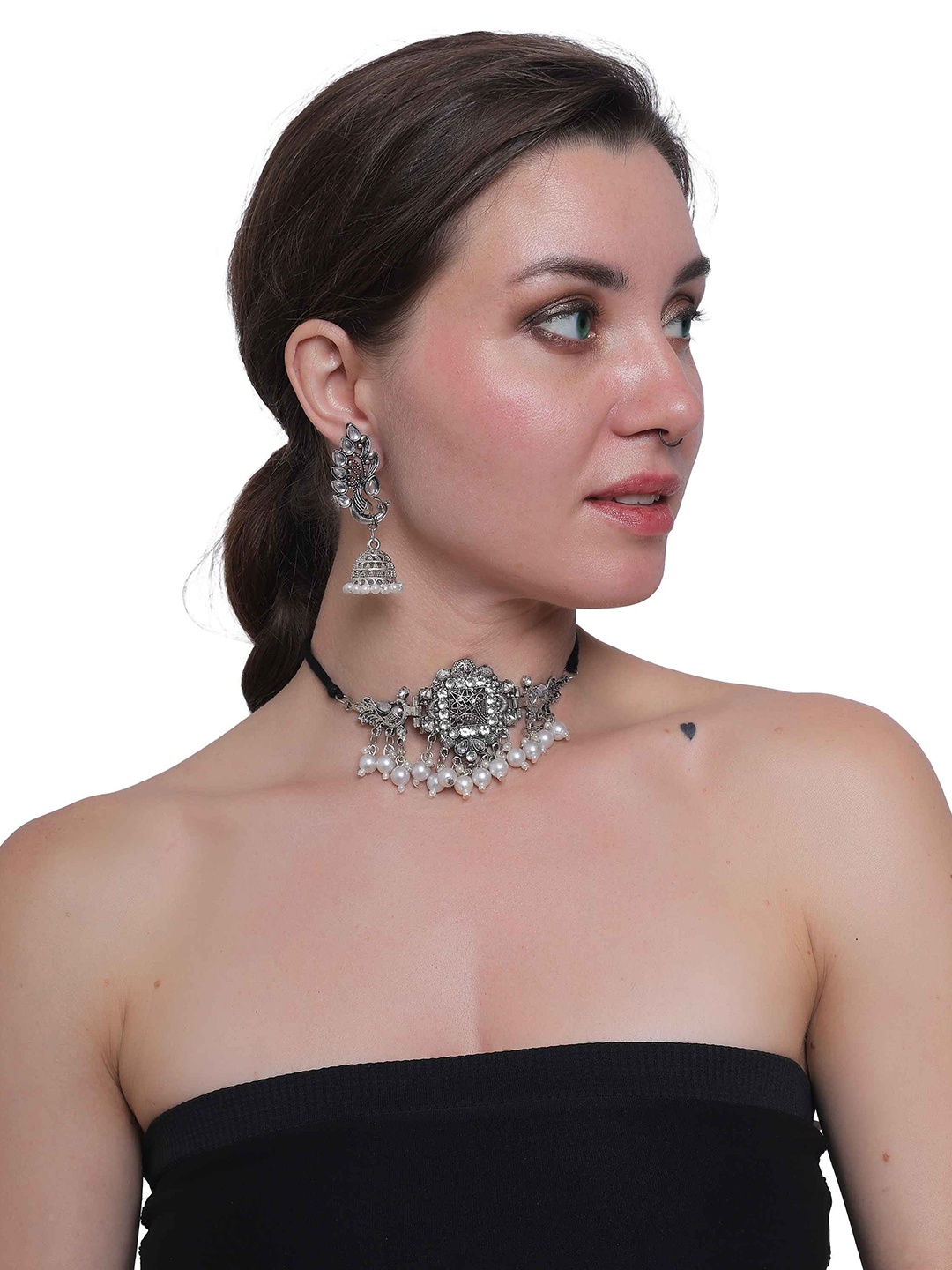 

PRASUB Silver-Plated American Diamond-Studded & Beaded Jewellery Set