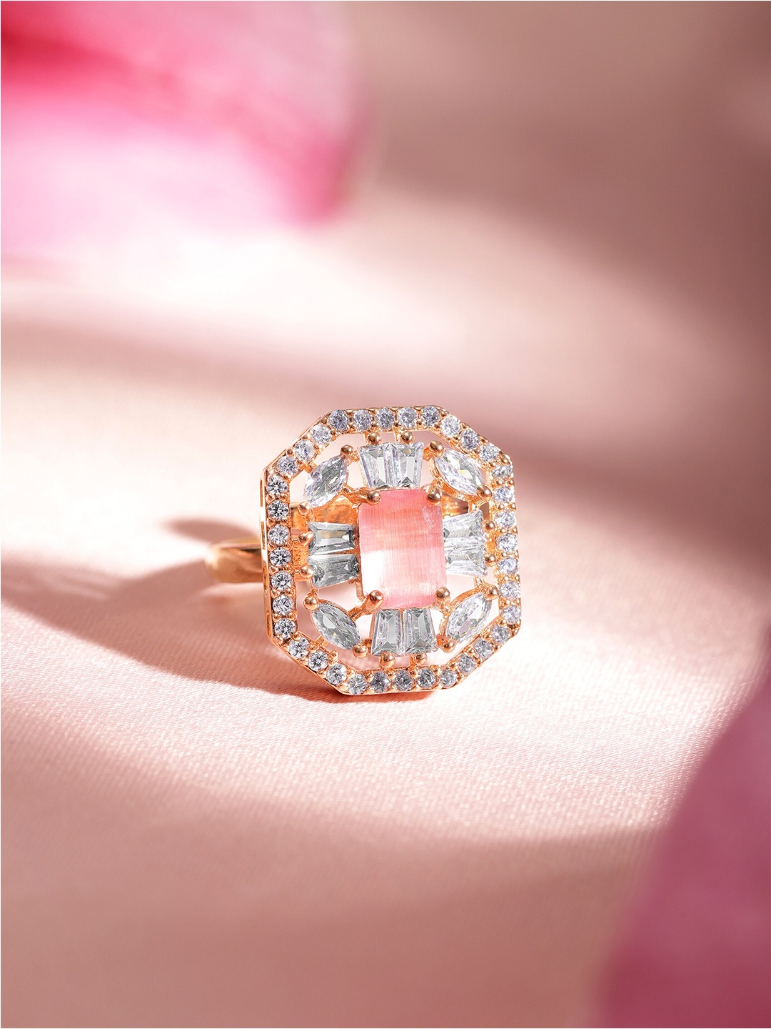 

Rubans 18K Rose Gold Plated Pastel Pink Stone & CZ Studded Premium Adjustable Finger Ring