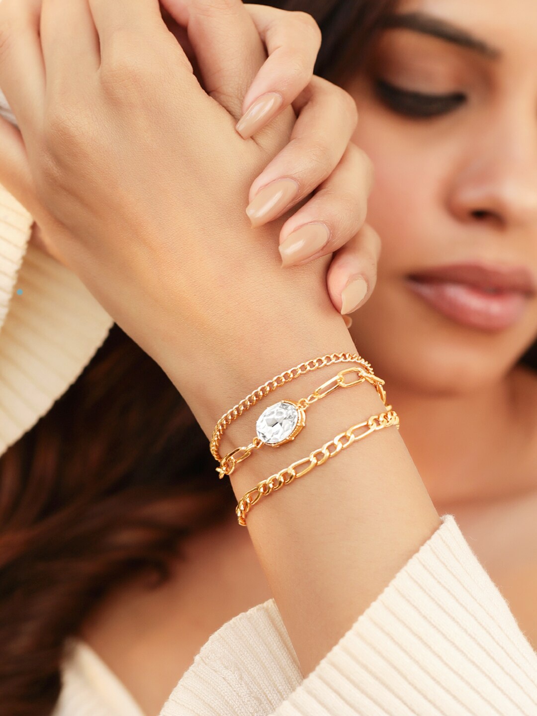 

Rubans Voguish Set Of 3 13K Gold-Plated Stone Studded Link Bracelet
